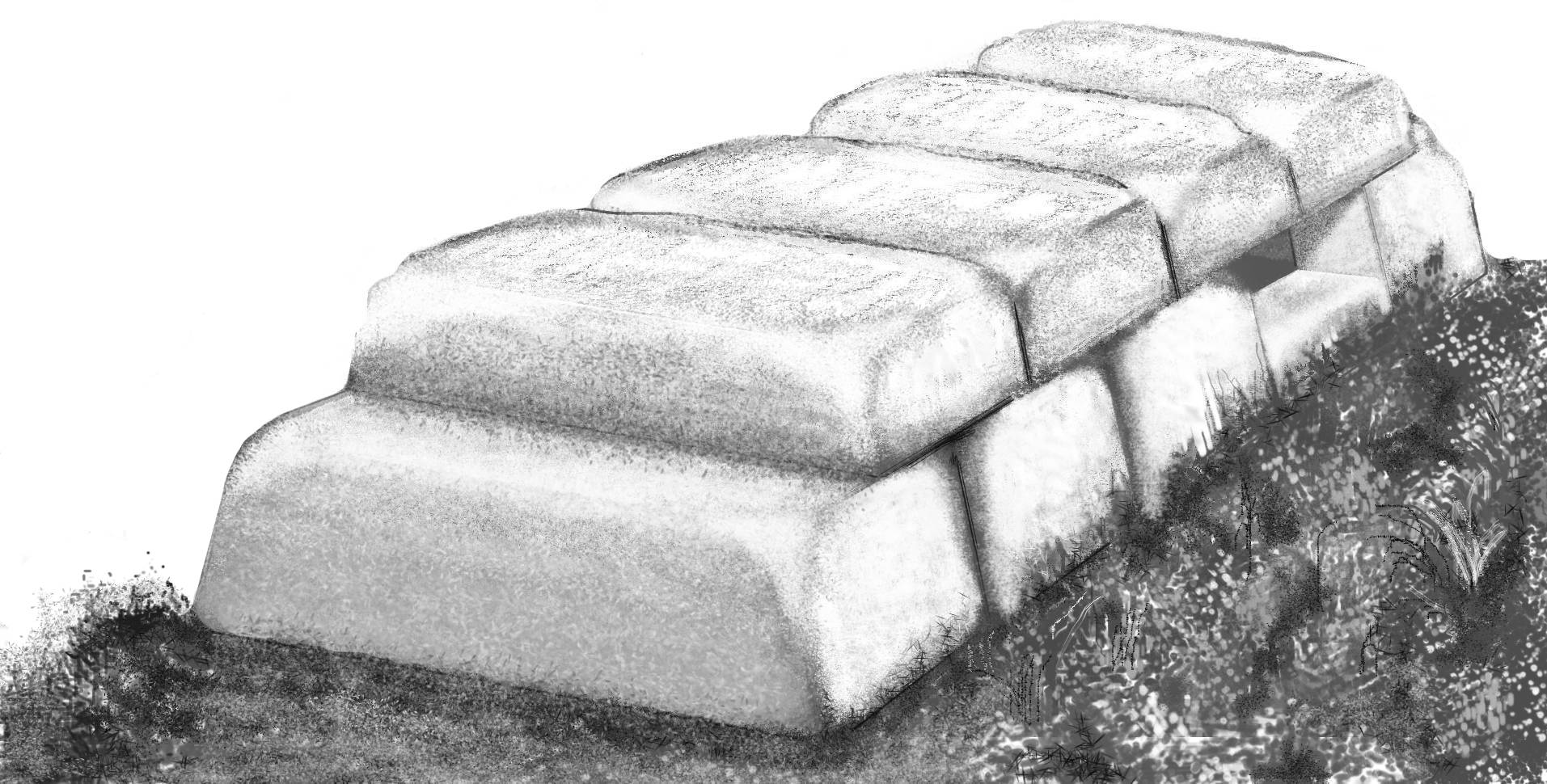 Dolmen - możliwy wygląd zaraz po zbudowaniu przy użyciu nowoczesnych narzędzi. Postęp erozji - etap 1