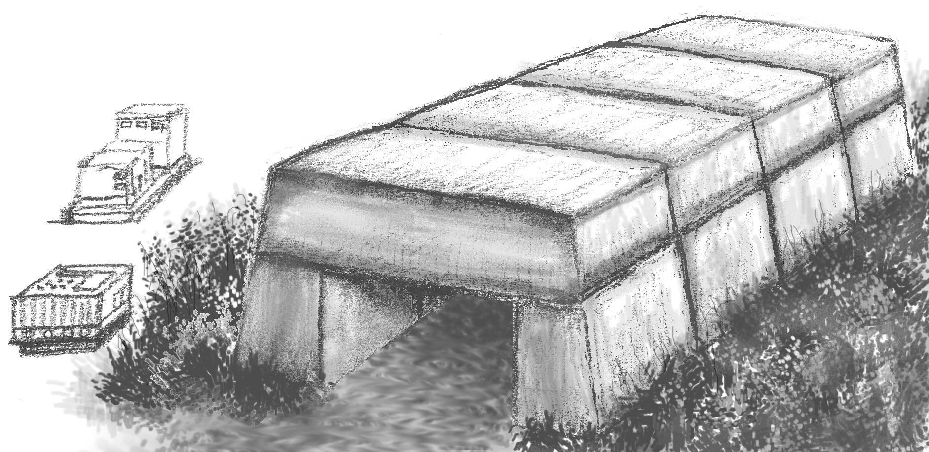 Dolmen - możliwy wygląd zaraz po zbudowaniu przy użyciu nowoczesnych narzędzi. Bez erozji. Urządzenia techniczne obok.