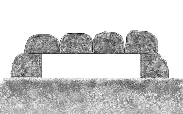 Dolmen - możliwy wygląd zaraz po zbudowaniu przy użyciu nowoczesnych narzędzi. Możliwa obróbka od początku tylko wewnątrz konstrukcji.
